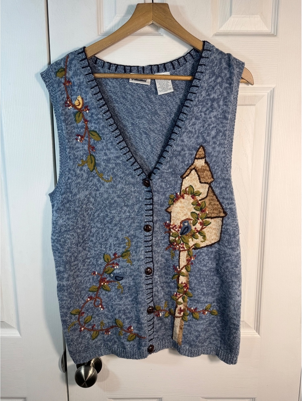 Capacity Large Blue Embroidered Birdhouse Knit Vest